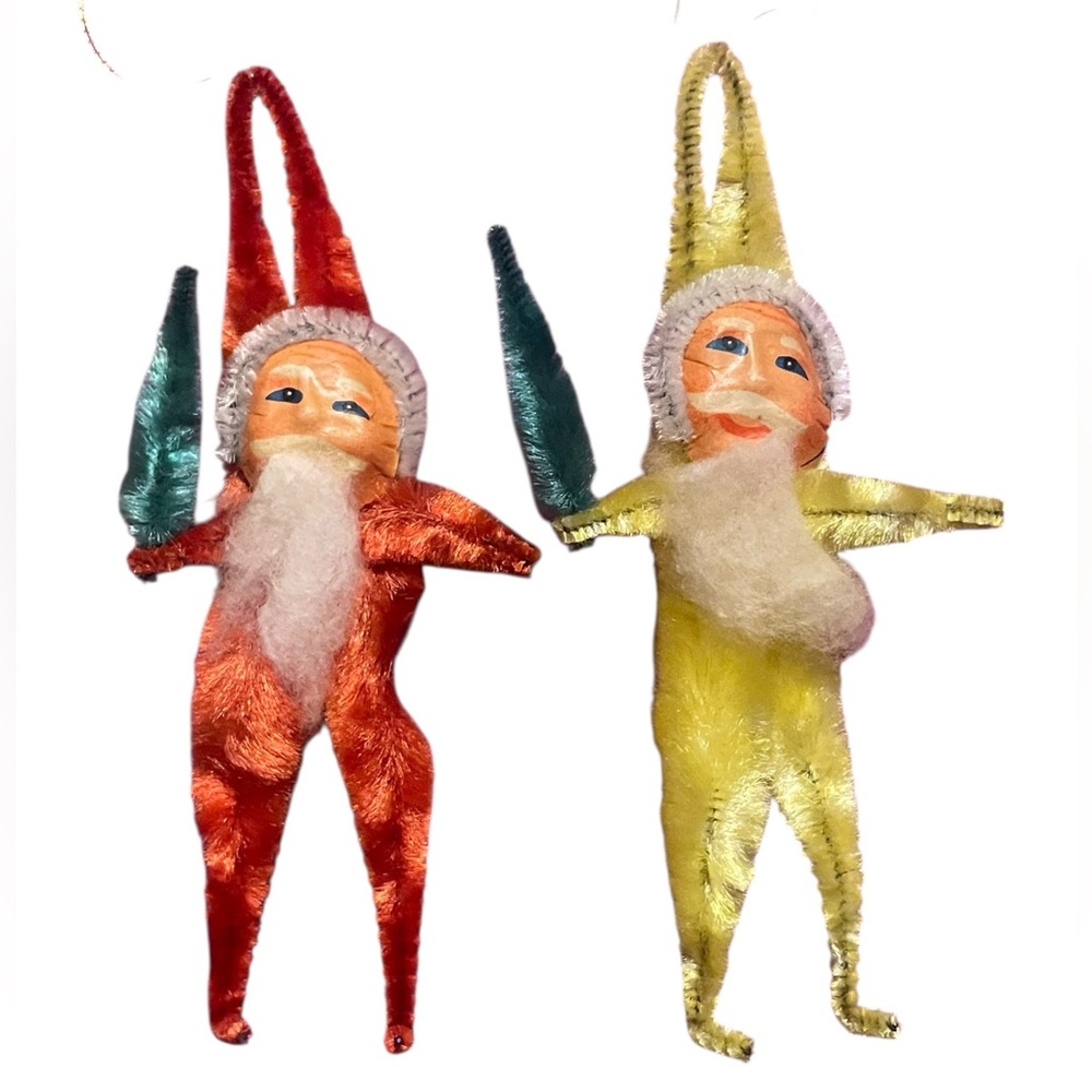 Vintage Chenille Wire Santa Claus Christmas Ornaments Set of 2 Post WWII era